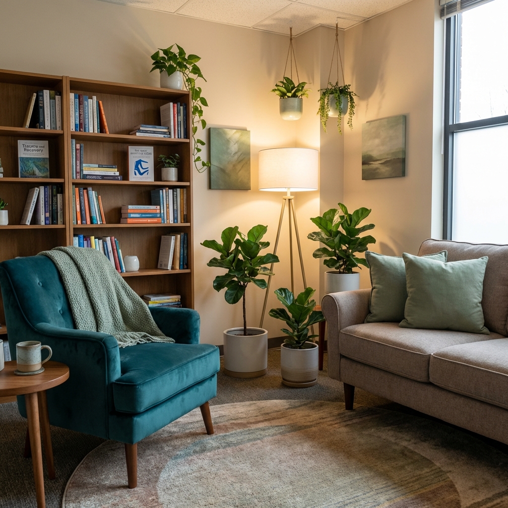 A warm, modern, and inviting psychotherapy office space